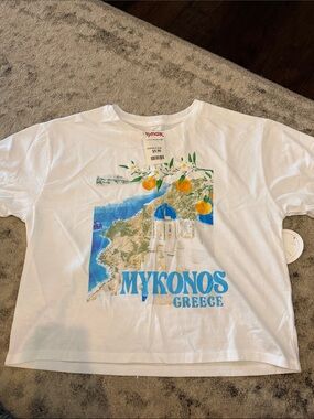 Mykonos Greece Graphic Tee - White with Blue & Orange NWT